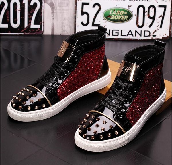 

european trend men shoes metal nameplate fashion designer sneakers rivet boots mens luxury rivet high punk casual shoes, Black