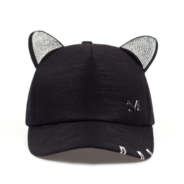 

2019 new meow women's summer fall black white pink hat cat ears cat baseball cap with rings and lace cute girl hat, Blue;gray