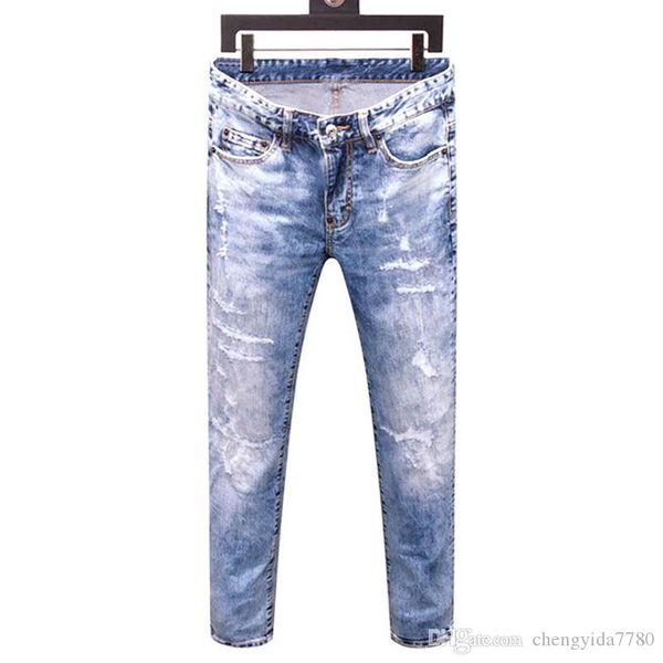 

2020new мужские дизайнерские джинсы мотоцикл байкер джинсы рок возрождение тощий тонкий рваные отверстия мужские известный бренд джинсовые б, Blue