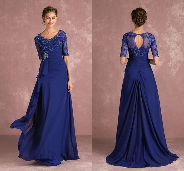Темно -синий синий 1/2 рукав мама невесты платья невесты 2022 V шея винтажные кружевные полы. Формальная вечерняя вечеринка