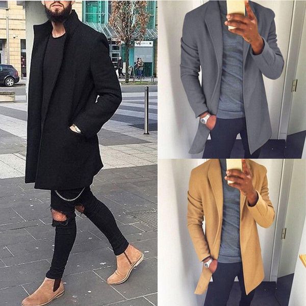 

2019 new fashion winter wool coat men leisure woolen long coats men's pure color casual jackets casual men overcoat outwear, Black