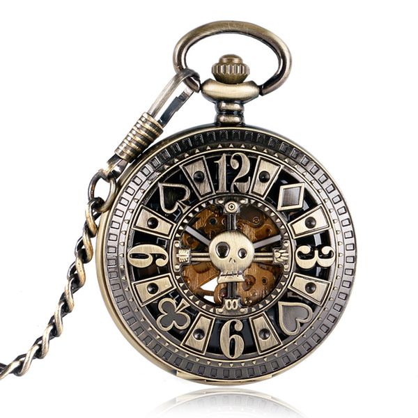 

bronze pocket watch mechanical automatic fob watch hollow skull poker carving design clock relogio de bolso, Slivery;golden