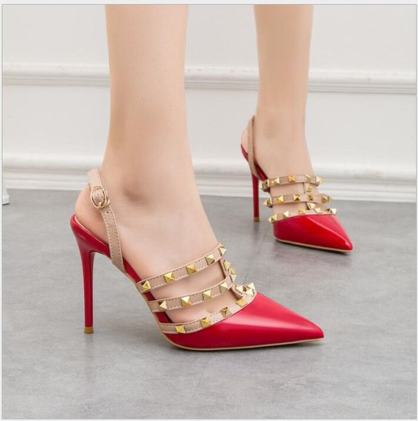 

горячей! большой размер 2020 новый дизайнер гладиатор высокие каблуки женская обувь обнаженная черный шипы t-strap насос лакированная кожа с, Black