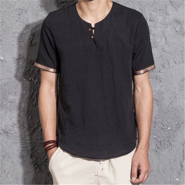 

cotton linen shirt men brand short sleeve mens henley shirt casual slim fit plaid mens dress shirt 3 buttons chemise homme, White;black