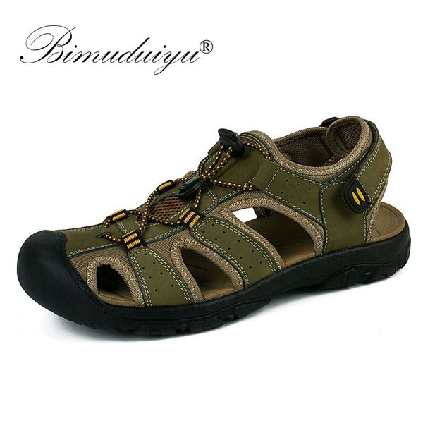 

bimuduiyu brand toe protect men's sandals genuine leather soft sole casual shoes quality summer beach shoes all match large size t20042, Black