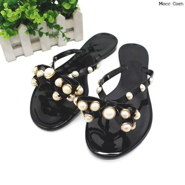 

2019 bow indoor floor home slipper summer pearl fashion rivet bow flat flip flops women wear cool slippers bathroom jelly shoes, Black