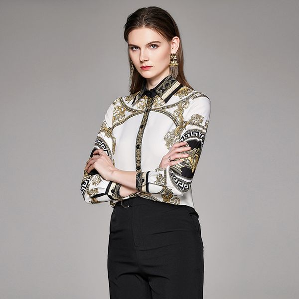 

luxury baroque print blouses plus size women spring autumn winter elegant vintage button front shirt long sleeve ladies runway, White