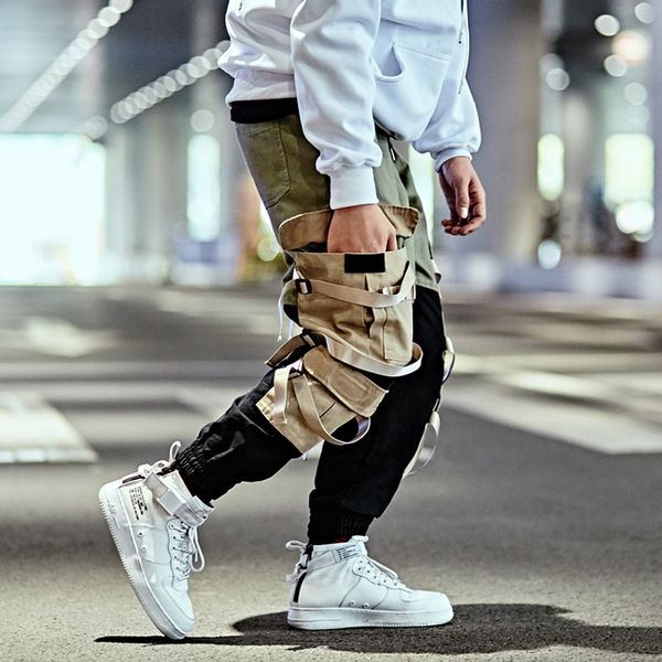 

марка лоскутная cargo pants hip hop street wear стиль бегуны мужчины pantalon homme tactical pants лента мульти карманный повседневный, Black