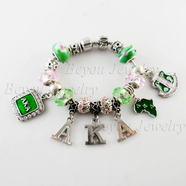

aka sorority silver charm bead pink and green beaded bracelet bead bangle statement jewelry christmas gift for women, Golden;silver