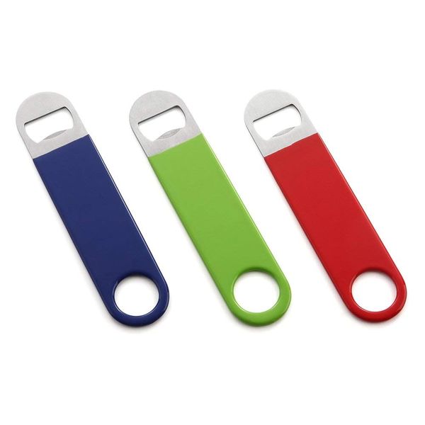 

7" heavy duty flat bottle opener, pink black blue stainless steel beer opener