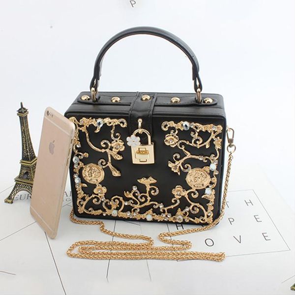 

women box handbag small pu leather 3d metal flower lock tote purse hollow out female evening wedding party shoulder clutches sac