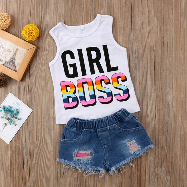 

2018 new toddler baby kids girls cotton sleeveless vest and short denim jeans 2pcs fashion and handsome summer features ch, White