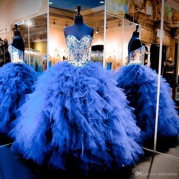 

new pricness royal blue quinceanera dresses cascading ruffles tulle junior beaded crystal sweet 16 long prom party gowns pageant dresses, Blue;red