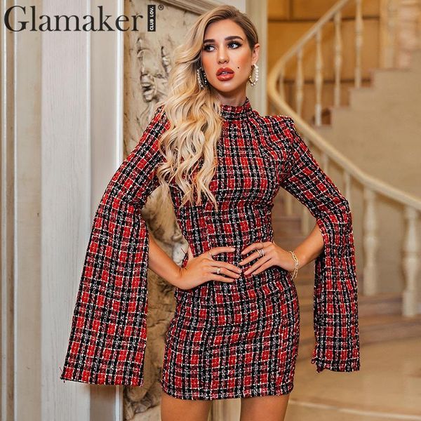 

glamaker tweed backless mini dress winter split flare sleeve bodycon autumn dress women short party club elegant dress, Black;gray