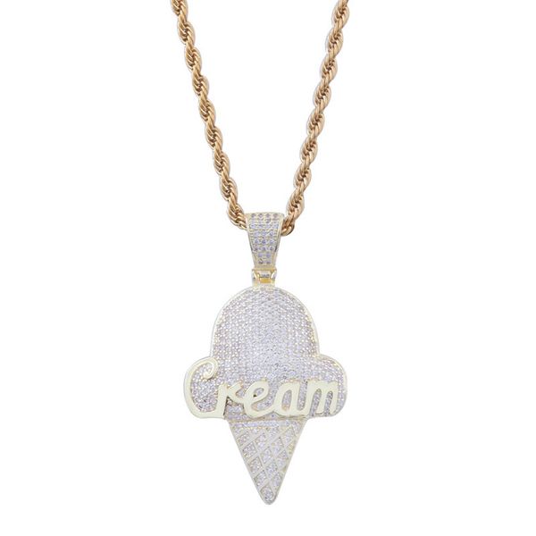 

ice cream pendant necklace iced out zircon pendant necklace with chain hip hop jewelry for men women gifts, Silver