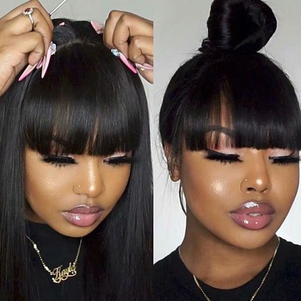 

360 lace frontal human hair wigs pre plucked with bleached knots 150% density brazilian virgin hair silky straight wigs bangs for woman, Black;brown