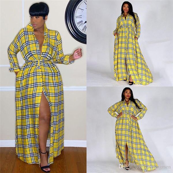 

fashion womens maxi dresses vintage lapel neck long sleeve sashes yellow plaid dress fashion casual women apparel, Black;gray