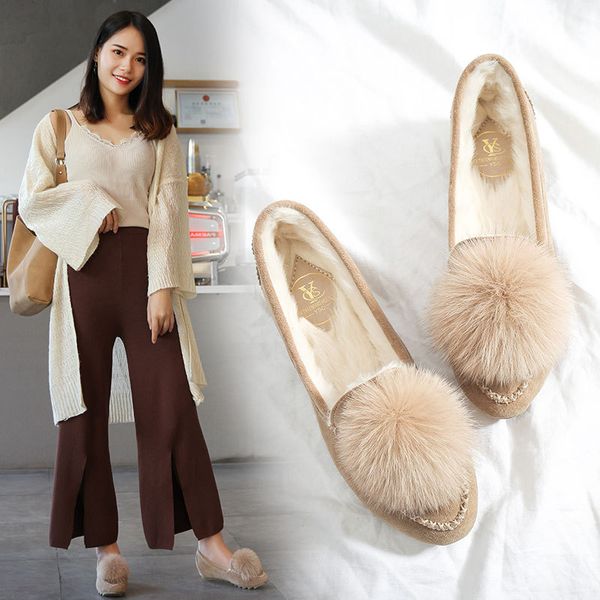 

pointed toe fashion women fluffy fur loafer pu shallow flower autumm winter flats shoes solid casual slip on shoes for women, Black