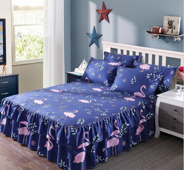 

flamingo bedding bed skirt pillowcases blue elastic band mattress cover princess ruffle bedspread fitted sheet home decoration