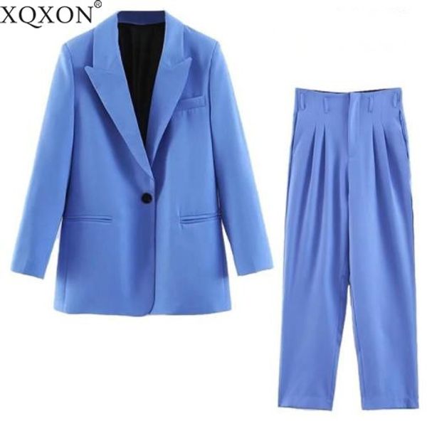 

2019 женщины синий повседневный костюм set одной кнопки blazer куртка высокой талией pagerbag штаны костюм дамы офис формальное piece set tw, White;black