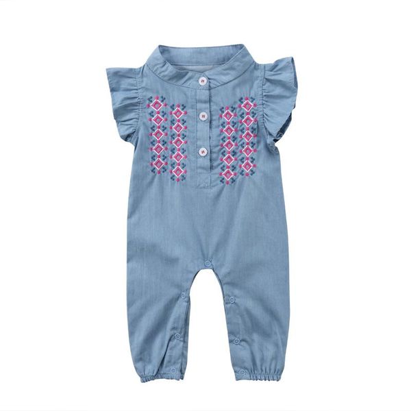 

infant newborn baby girl summer sunsuit denim ruffles jumpsuit romper outfit baby clothing, Blue