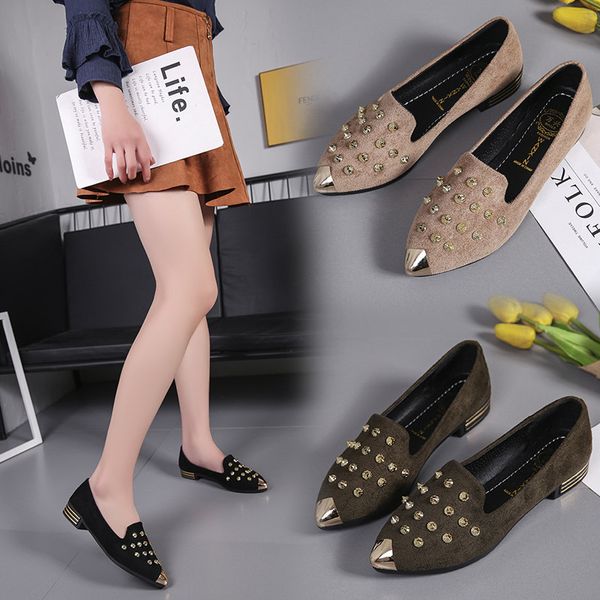 

women's casual shoes 2019 new peas shoes thick with low-heeled fashion rivets shallow mouth pointed lazy women, Black