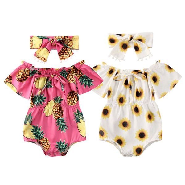 

newborn baby girl bodysuits headband 2pcs summer pineapple sunflowers print ruffles jumpsuits outfits set, White