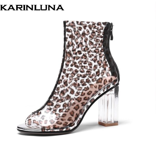 

karinluna new large size 31-45 leopard summer ankle boots women high heels transparent peep toe women shoes woman, Black