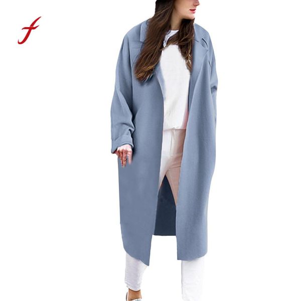 

feitong winter jackets 2018 women wool blend coat ladies loose solid wide lapel oversize trench coat female cardigan jackets /pt, Black