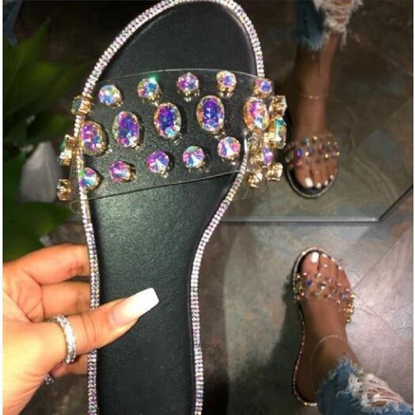 

summer women beach flat slippers transparent jelly sandals rhinestone flip flops open toe ladies shoes female slides, Black