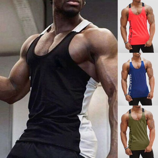 

men' close-fitting vest fitness patchwork elastic casual o-neck breathable h type all cotton solid undershirts male tanks, White;black