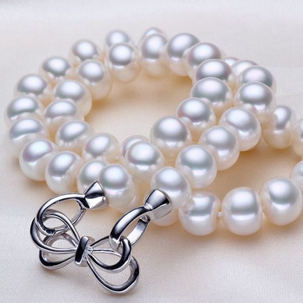 

ashiqi 10-11mm big white natural freshwater pearl necklace for women pearls jewelry gifts, Silver