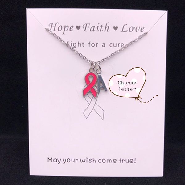 

breast cancer awareness pink ribbon charm a-z letter & alphabet name design capital initial necklace wish card pendant necklace, Silver