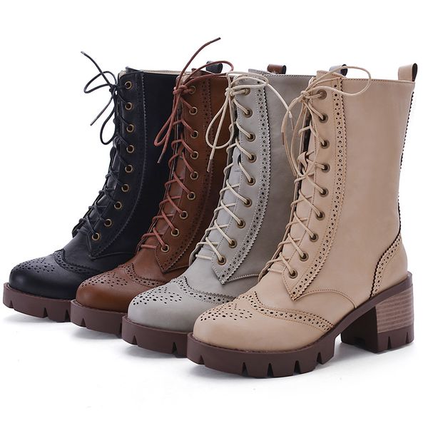 

vintage cross-tied mid-calf boots for woman square heel pu leather waterproof snow boots women shoes woman boots t200425, Black