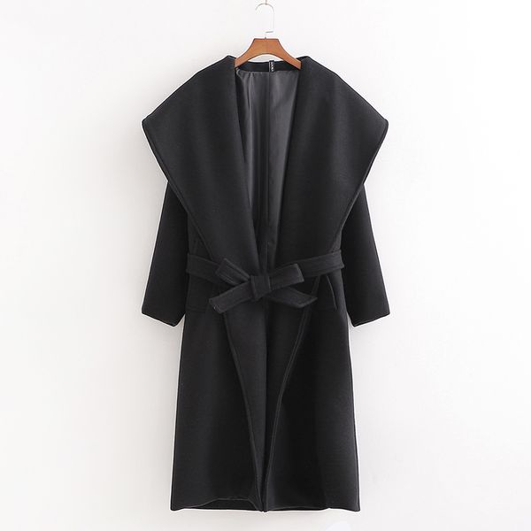 

fandy lokar turn down collar wool coats women fashion solid black jackets women elegant tie belt waist coats female ladies ld