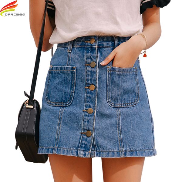 

denim skirt high waist a-line mini skirts women 2018 summer new arrivals single button pockets blue jean skirt style saia jeans, Black