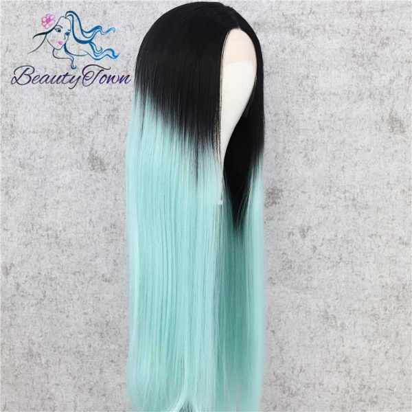 

beautytown handtied silky straight ombre blue heatresistant makeup cosplay celebrity girl wedding party synthetic lace front wig, Black