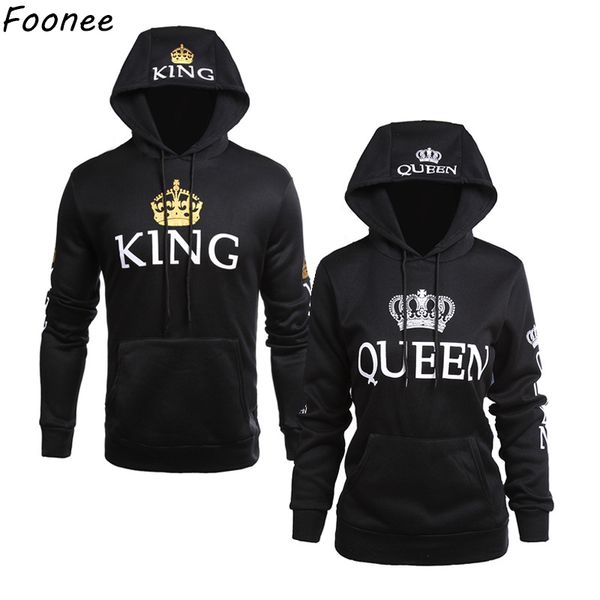 

2018 spring king queen printed hoodies women men sweatshirt lovers couples hooded hoodies sweatshirt casual pullovers, Black