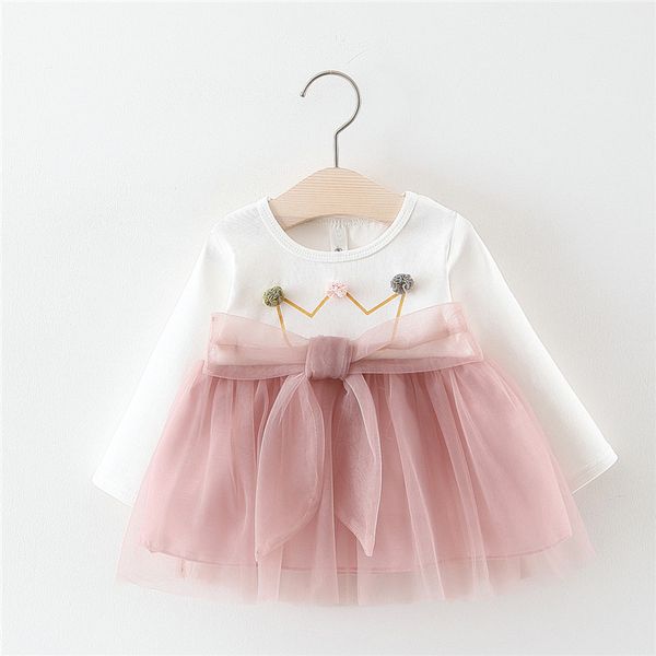 

2019 spring autumn long sleeve baby crown mesh patchwork bow birthday party girls kids princess infants tutu dress vestido s8157, Red;yellow