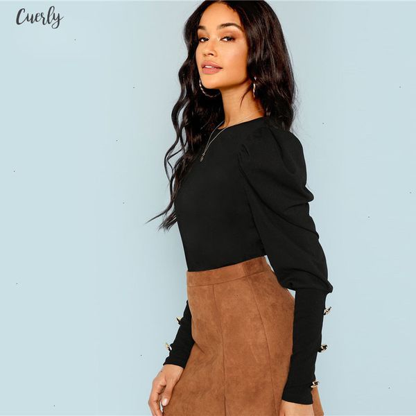 

black elegant print office lady puff sleeve with button detail long sleeve solid tee autumn workwear women and t shirt, White