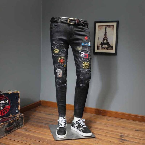 

2019 new jeans men's distressed ripped tight pants luxury clothes slim motorcycle moto biker hip hop ripped tight men's jeans a210, Blue