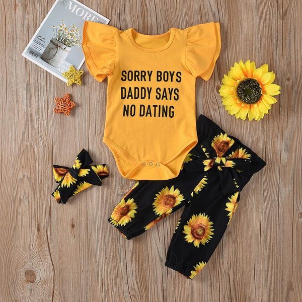 

baby girls clothes suit 2020 brand new summer newborn baby girl sleeve letter print romper+sunflower pants+headband set#g30, White