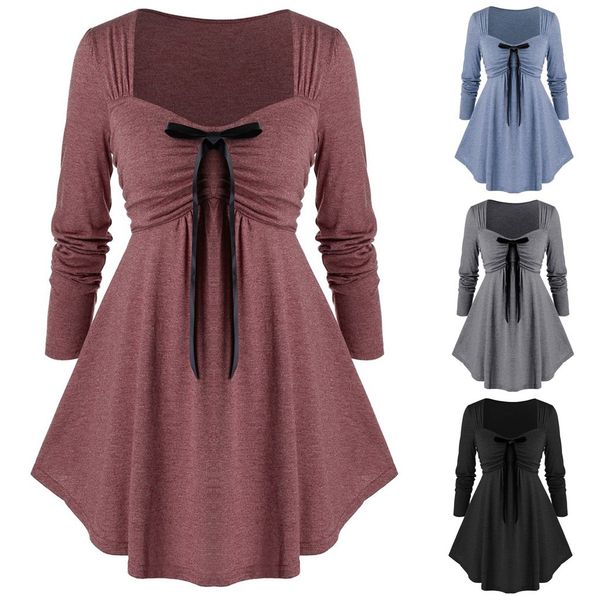 

women plus size christmas blouse winter fashion bow solid color square collar shorts high waist pleated long sleeve blusas, White