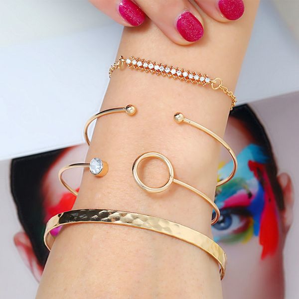 

bangle 4 pcs/set arrow knot round crystal bracelets set multilayer adjustable open bracelet, Black