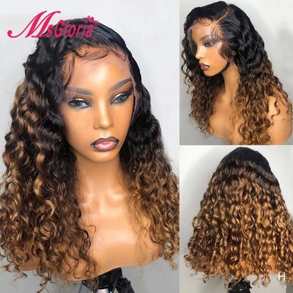

180 density 13x6 lace front human wigs ombre honey blonde curly human hair wigs for women brazilian remy lace front wig glueless, Black;brown