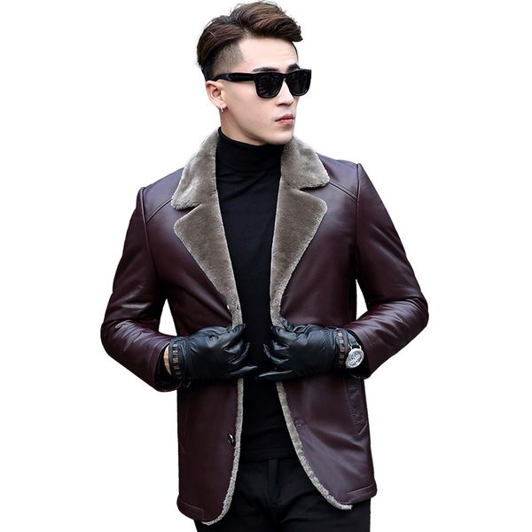 

genuine leather jacket winter jacket men real sheepskin coat for men real lamb fur liner warm coats blazer veste homme my1868, Black
