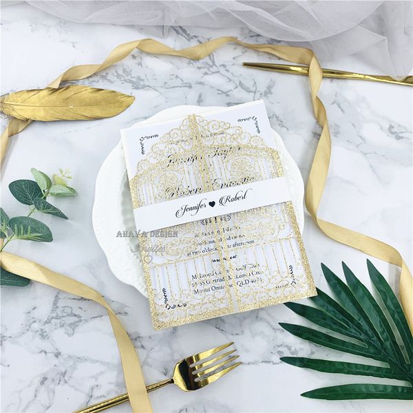glitter champagne wedding invitation cards hollow out pocket with belly band wedding invites free printable cards make your own invitations marriage make your own invitations printable