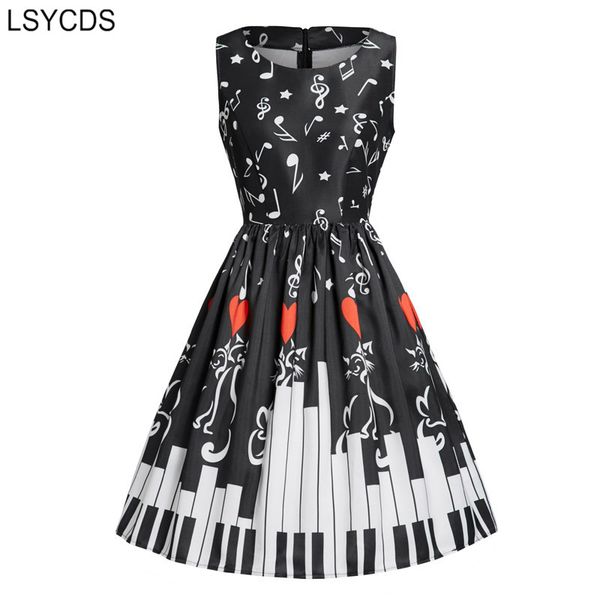 

lsycds romantic musical elegant dresses rockabilly style black pleated retro vintage dress women piano and heart print dress, Black;gray