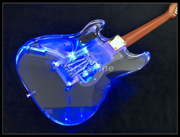 

2019 new electric guitar y-zx5 mahogany neck blue led light brass nut vintage tuner gold hardware acrylic body 9v battery