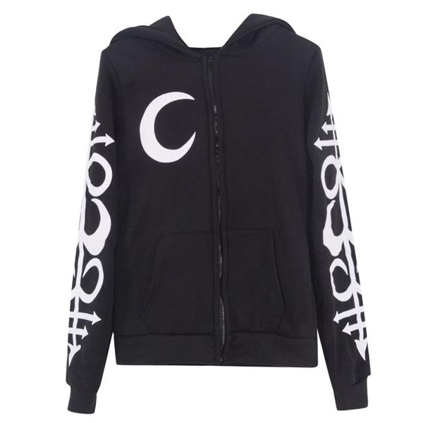 

women hoodies gothic punk moon letter print sweatshirts 2019 autumn winter long sleeve black jacket zipper coat casual hoody 074